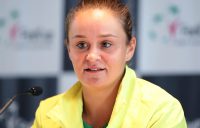 Ash Barty speaks to the media at the Australia v Ukraine Fed Cup tie official draw ceremony; Getty Images