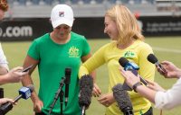 Ash Barty (L) and Daria Gavrilova chat to the media in Canberra ahead of Australia's Fed Cup tie against the Ukraine.