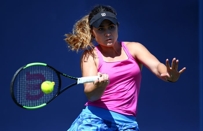 EASTBOURNE, ENGLAND - JUNE 23: Gabriella Taylor of Great Britain in action during her women's qualifying match against  Laura Davis of USA during qualifying on day one of the Aegon International Eastbourne on June 23, 2017 in Eastbourne, England. (Photo by Charlie Crowhurst/Getty Images for LTA)