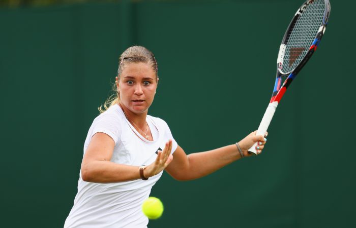 LONDON, ENGLAND - JULY 03: Irina Khromacheva of Russia plays a forehand during the Ladies Singles first round match on day one of the Wimbledon Lawn Tennis Championships at the All England Lawn Tennis and Croquet Club on July 3, 2017 in London, England.  (Photo by Michael Steele/Getty Images)