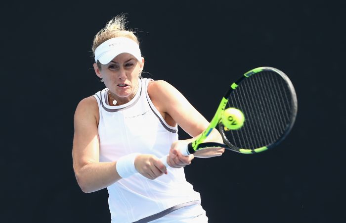 MELBOURNE, AUSTRALIA - DECEMBER 11:  Jessica Moore of Australia competes against Masa Jovanovic and Alexandra Walters of Australia in her first round Australian Open December Showdown match at Melbourne Park on December 11, 2017 in Melbourne, Australia.  (Photo by Robert Prezioso/Getty Images)