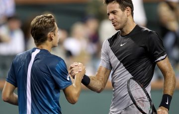 Alex De Minaur (L) shakes hands with Juan Martin del Potro after their second-round match at Indian Wells; Getty Images
