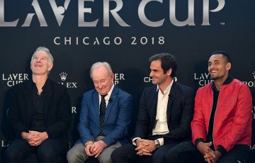 Nick Kyrgios (R) and John McEnroe (L) with Rod Laver and Roger Federer at a Laver Cup promotional event in Chicago; Getty Images