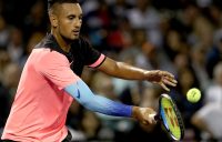 Nick Kyrgios in action during his second-round win at the Miami Open; Getty Images