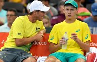 Lleyton Hewitt (L) urges Alex De Minaur on during Davis Cup; Getty Images