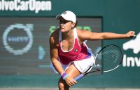 Ash Barty serves during her first-round victory over Sofia Kenin at the WTA event in Charleston (photo credit Chris Smith/Volvo Car Open)