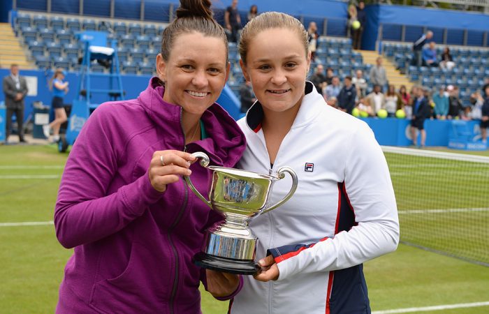 Casey Dellacqua (L) and Ash Barty celebrate their Birmingham WTA doubles title, one of three events they won in 2017; Getty Images