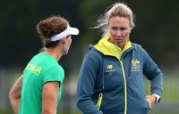 CHALLENGER: Sam Stosur and Alicia Molik chat during a practice session in Wollongong ahead of this weekend's Fed Cup tie; Getty Images
