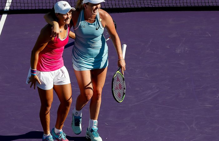 Ashleigh Barty of Australia and CoCo Vandeweghe of the United States celebrate after match point against Barbora Krejcikova and Katerina Siniakova of the of the Czech Republic during the women's doubles final on Day 14 of the Miami Open; Getty Images
