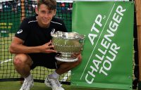 NOTTINGHAM, ENGLAND - JUNE 17: Alex De Minaur of Australia celebrates victory in the Mens Singles Final during Day Nine of the Nature Valley Open at Nottingham Tennis Centre on June 17, 2018 in Nottingham, United Kingdom. (Photo by Ben Hoskins/Getty Images for LTA)