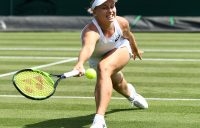 Daria Gavrilova lunges for a volley during her first-round win at Wimbledon over Caroline Dolehide; Getty Images