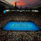 MELBOURNE, AUSTRALIA - JANUARY 25:  A general view of Rod Laver Arena at sunset during the semi-final match between Marin Cilic of Croatia and Kyle Edmund of Great Britain on day 11 of the 2018 Australian Open at Melbourne Park on January 25, 2018 in Melbourne, Australia.  (Photo by Scott Barbour/Getty Images)