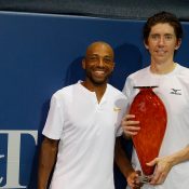John Patrick Smith (R) and Nicholas Monroe pose with their trophy after winning the ATP doubles title in Atlanta; Getty Images