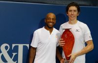 John Patrick Smith (R) and Nicholas Monroe pose with their trophy after winning the ATP doubles title in Atlanta; Getty Images