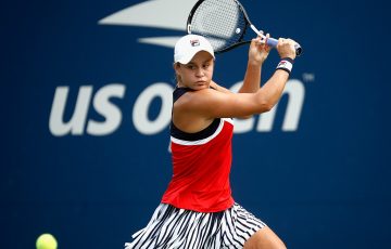 Ash Barty plays a backhand during her first-round victory over Ons Jabeur at the US Open; Getty Images