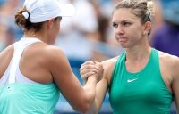 MASON, OH - AUGUST 17: Ashleigh Barty of Australia congratulates Simona Halep of Romania during the Western & Southern Open at Lindner Family Tennis Center on August 17, 2018 in Mason, Ohio. (Photo by Matthew Stockman/Getty Images)