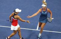 Ash Barty (L) and CoCo Vandeweghe in action during their US Open doubles semifinal; Getty Images