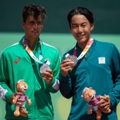 Silver Medalists Adrian Andreev BUL (left) and Rinky Hijikata AUS - playing as a Mixed International Team - pose for a photograph with their medals during the victory ceremony for the Tennis Men's Doubles at the Buenos Aires Lawn Tennis Club, Green Park. The Youth Olympic Games, Buenos Aires, Argentina Sunday 14th October 2018. Photo: Florian Eisele for OIS/IOC. Handout image supplied by OIS/IOC