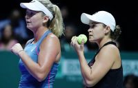 SINGAPORE - OCTOBER 26: CoCo Vandeweghe of the United States and Ashleigh Barty of Australia discuss a play against Elise Mertens of Belgium and Demi Schuurs of the Netherlands in the Women's Doubles Quarterfinal Match on Day 6 of the BNP Paribas WTA Finals Singapore presented by SC Global at Singapore Sports Hub on October 26, 2018 in Singapore. (Photo by Matthew Stockman/Getty Images)