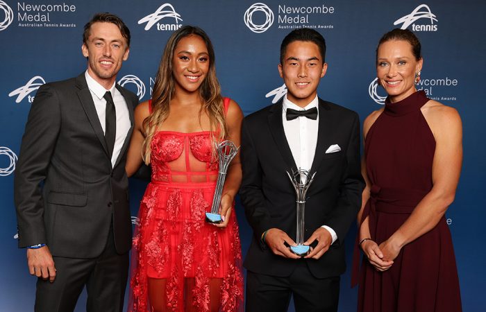(L-R) John Millman, Destanee Aiava, Rinky Hijikata and Sam Stosur at the Newcombe Medal, Australian Tennis Awards (Andrew Tauber/Tennis Australia)