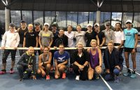 Casey Dellacqua (centre) joins several of Ausralia's top female tennis players at the Tennis Australia's WTA skills development camp in Melbourne.