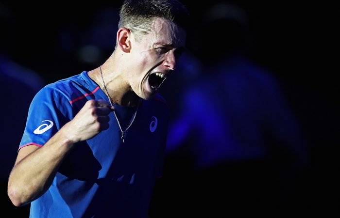 MILAN, ITALY - NOVEMBER 09:  Alex de Minaur of Australia celebrates victory after his semi final victory against Jaume Munar of Spain during Day Four of the Next Gen ATP Finals at Fiera Milano Rho on November 9, 2018 in Milan, Italy.  (Photo by Julian Finney/Getty Images)