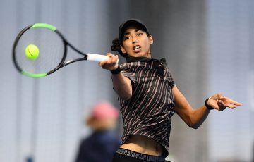 Astra Sharma in action during her victory in the AO Play-off quarterfinals over Arina Rodionova (photo: Elizabeth Xue Bai)