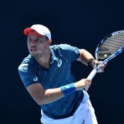 James Duckworth in action during his first-round win over Blake Ellis at the Australian Open Play-off at Melbourne Park (photo: Elizabeth Xue Bai)