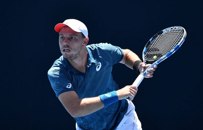 James Duckworth in action during his first-round win over Blake Ellis at the Australian Open Play-off at Melbourne Park (photo: Elizabeth Xue Bai)