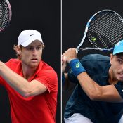 Luke Saville (L) and James Duckworth in action in the AO Play-off semifinals (photos: Elizabeth Xue Bai)
