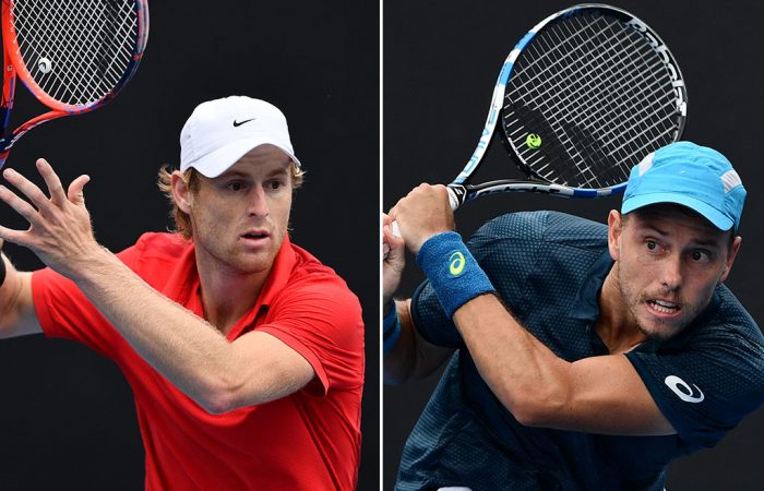 Luke Saville (L) and James Duckworth in action in the AO Play-off semifinals (photos: Elizabeth Xue Bai)