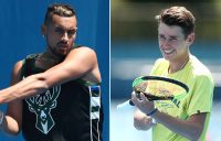 Nick Kyrgios (L) and Alex De Minaur train at the Brisbane International (Getty Images)