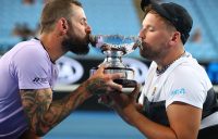 Dylan Alcott (R) and Heath Davidson celebrate their victory in the final of the Australian Open quad wheelchair doubles event (Getty Images)