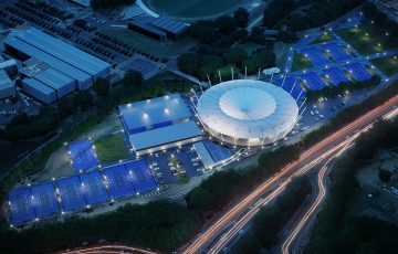 An artist's impression of the Sydney Olympic Park Tennis Centre upgrade, including a roof over Ken Rosewall Arena.