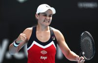 Ash Barty celebrates her victory over world No.1 Simona Halep in the second round of the Sydney International (Getty Images)