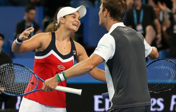 Ash Barty (L) and Matt Ebden celebrate their victory in the mixed doubles rubber over Spain at the Hopman Cup (Getty Images)
