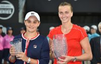 Ash Barty (L) and Petra Kvitova pose with their trophies after the Sydney International final, which Kvitova won in three sets (Getty Images)