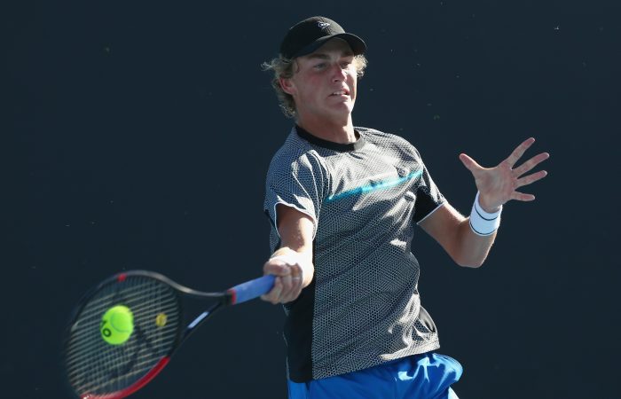 MELBOURNE, AUSTRALIA - JANUARY 09: Max Purcell of Australia hits a forehand in his match against Ricardas Berankis of Lithuania during day two of Qualifying for the 2019 Australian Open at Melbourne Park on January 9, 2019 in Melbourne, Australia.  (Photo by Mike Owen/Getty Images)