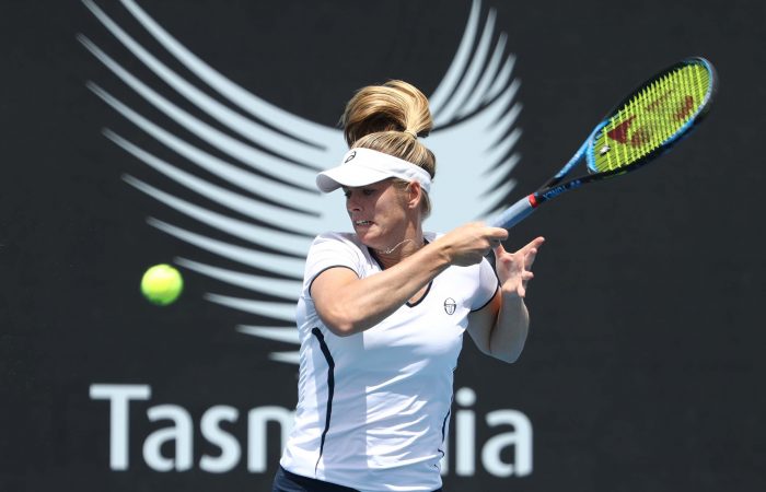 HOBART, AUSTRALIA - JANUARY 05: Belinda Woolcock of Australia plays a shot during her singles match against Madison Brengle of the USA during day one of the 2019 Hobart International at Domain Tennis Centre on January 05, 2019 in Hobart, Australia. (Photo by Robert Cianflone/Getty Images)
