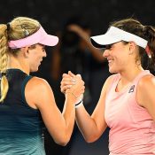 Kimberly Birrell (R) meets Angelique Kerber at the net after falling to the German in the third round of  Australian Open 2019 (Getty Images)