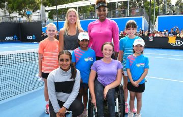 Amber Marshall (back row, left of Serena Williams) and Annerly Poulos (front left) at Australian Open 2019.