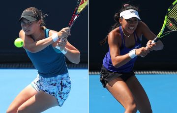 Isabelle Wallace (L) and Lizette Cabrera in action at Australian Open qualifying (Getty Images)