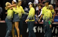 The Australian Fed Cup team celebrates its victory over the US in Asheville, North Carolina in February 2019 (Getty Images)