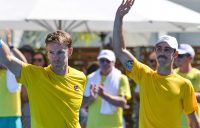 John Peers (L) and Jordan Thompson celebrate their victory in the doubles rubber of the Australia v Bosnia and Herzegovina Davis Cup tie in Adelaide (Getty Images)