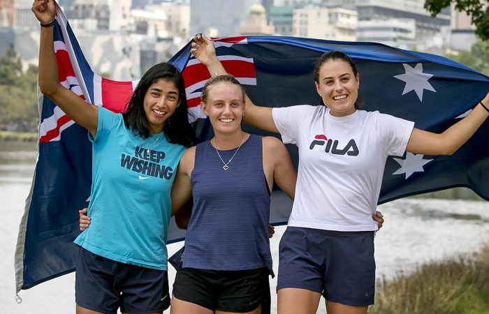 In this handout image provided by Tennis Australia, (L-R) Australian tennis players Astra Sharma, Zoe Hives and Kimberly Birrell pose during day two of the 2019 Australian Open on January 15, 2019 in Melbourne, Australia. (Photo by Fiona Hamilton/Tennis Australia via Getty Images)