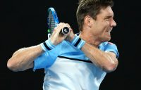 MELBOURNE, AUSTRALIA - JANUARY 16: Matthew Ebden of Australia plays a backhand during his second round match against Rafael Nadal of Spain during day three of the 2019 Australian Open at Melbourne Park on January 16, 2019 in Melbourne, Australia. (Photo by Cameron Spencer/Getty Images)