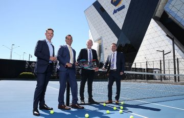 Todd Woodbridge, WA Minister for Tourism Paul Papalia, Tennis Australia CEO Craig Tiley and  Tennis West CEO Michael Roberts at Perth's RAC Arena; Getty Images 