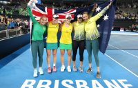 The Australian Fed Cup team celebrates its 3-2 semifinal victory over Belarus in Brisbane (Getty Images)