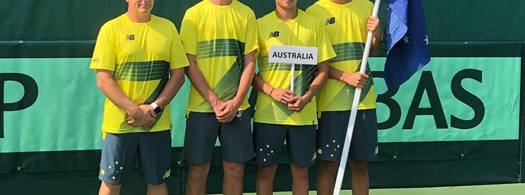Australia's Junior Davis Cup team of (L-R) captain Bernhard Goerlitz, Cooper White, Shuannon Tricerri and Philip Sekulic.