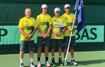 Australia's Junior Davis Cup team of (L-R) captain Bernhard Goerlitz, Cooper White, Shuannon Tricerri and Philip Sekulic.